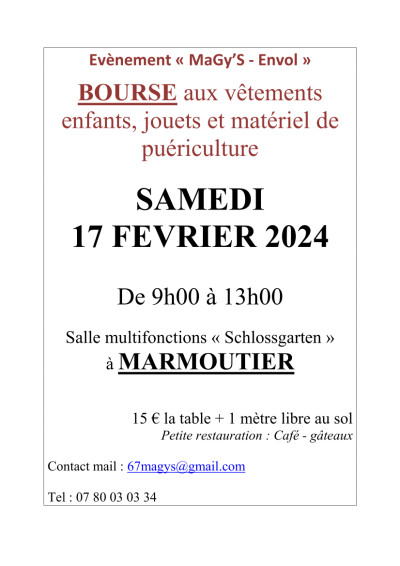 Samedi 17 février 2024 Bourse aux vêtements, enfants, jouets et matériel de puériculture à Marmoutier