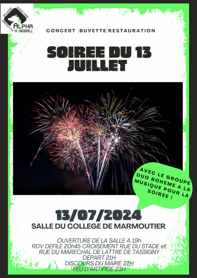 Samedi 13 juillet 2024 Fête Nationale : défilé, feu d'artifice, soirée concert à Marmoutier