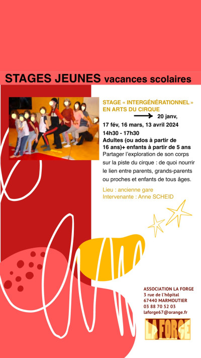 Samedi 13 avril 2024 Stage intergénérationnel en arts du cirque à Marmoutier